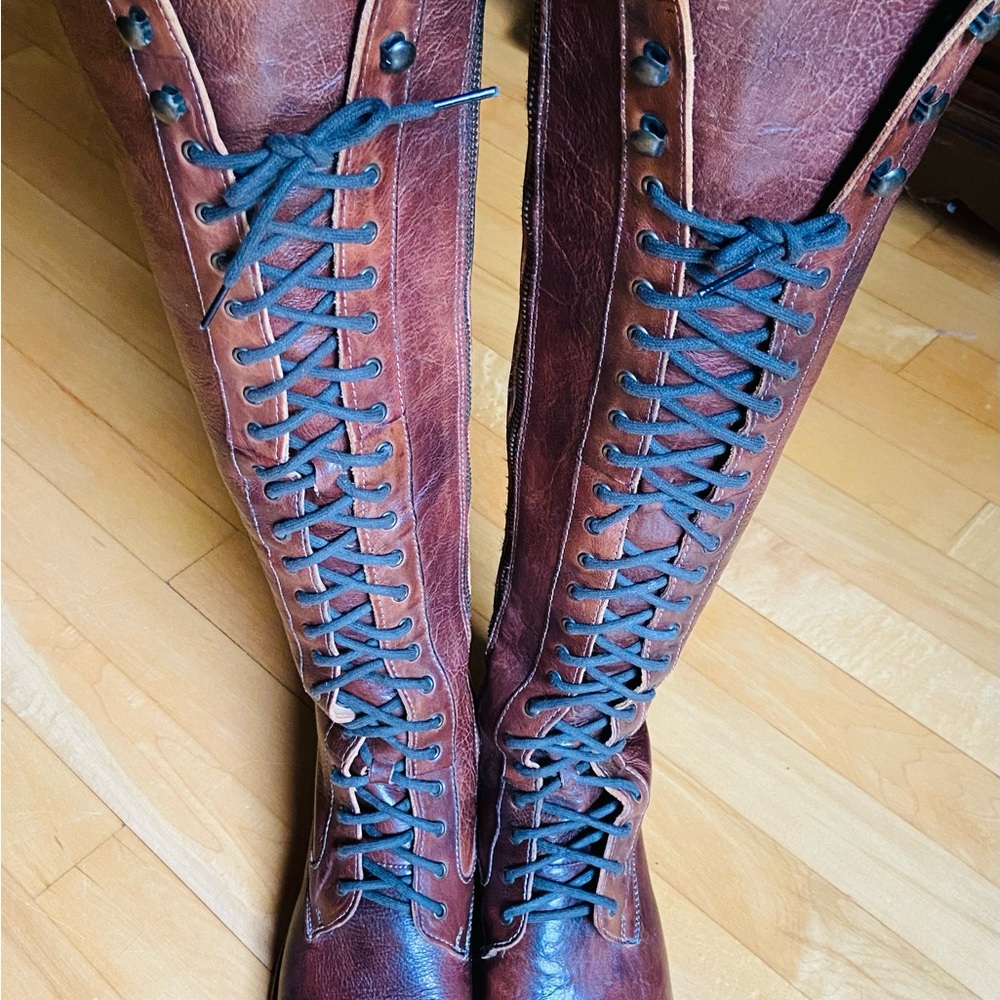 Bed|Stu Knee High Lace-Up Women's Leather Boots - Brown - Size 8 - Picture 6 of 16